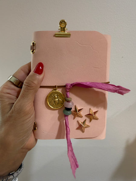 Chelsea Notes Passport Leather Journal Color Baby Pink with Bee Charm & Stars