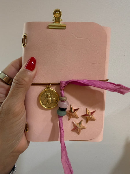 Chelsea Notes Passport Leather Journal Color Baby Pink with Bee Charm & Stars