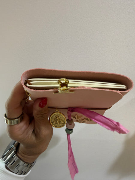 Chelsea Notes Passport Leather Journal Color Baby Pink with Bee Charm & Stars