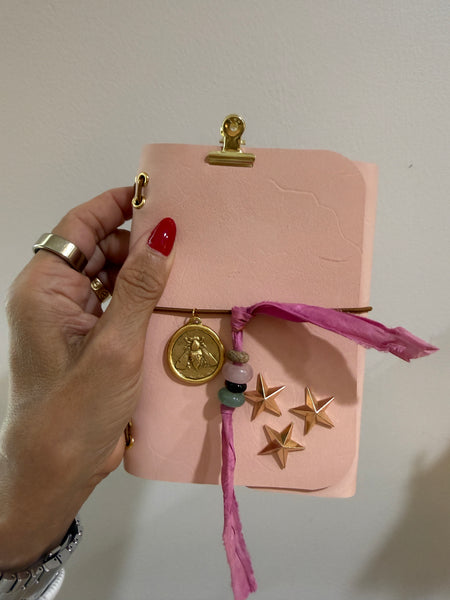 Chelsea Notes Passport Leather Journal Color Baby Pink with Bee Charm & Stars