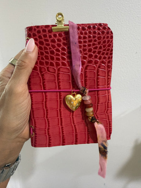 Chelsea Notes Passport Leather Journal Color Pink Croc with Heart Charm