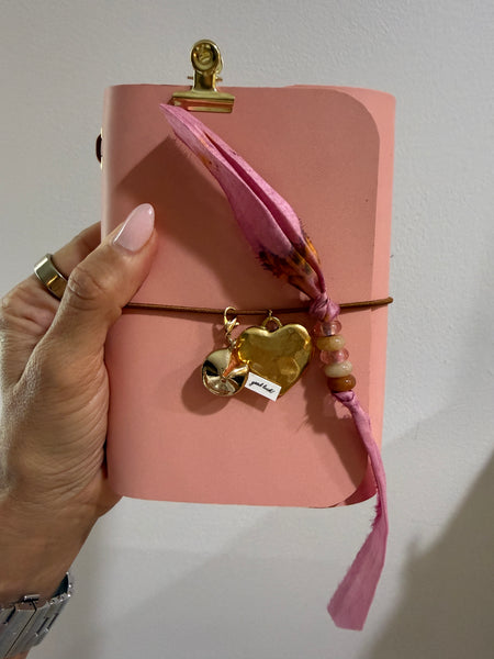 Chelsea Notes Passport Leather Journal Color Baby Pink with Heart and Fortune Cookie Charm