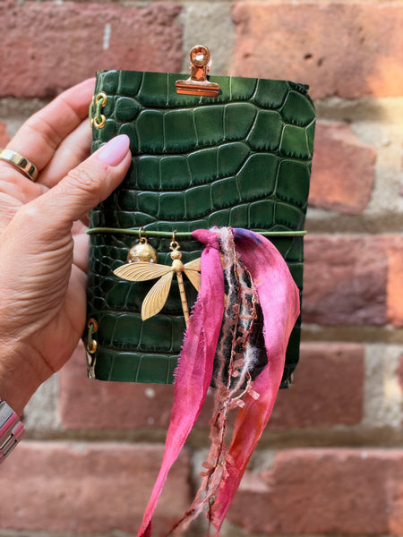 Chelsea Notes Passport Leather Journal Color Green Croc with 2 charms and ribbons