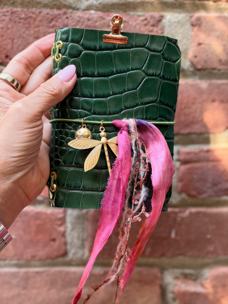 Chelsea Notes Passport Leather Journal Color Green Croc with 2 charms and ribbons
