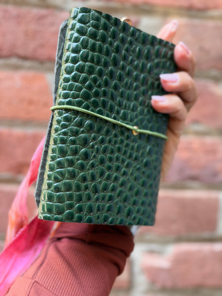 Chelsea Notes Passport Leather Journal Color Green Croc with 2 charms and ribbons