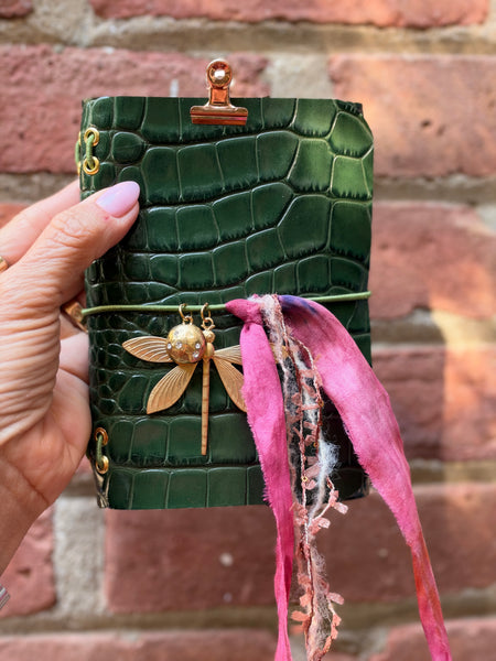Chelsea Notes Passport Leather Journal Color Green Croc with 2 charms and ribbons
