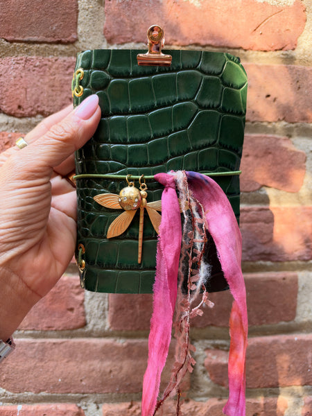 Chelsea Notes Passport Leather Journal Color Green Croc with 2 charms and ribbons