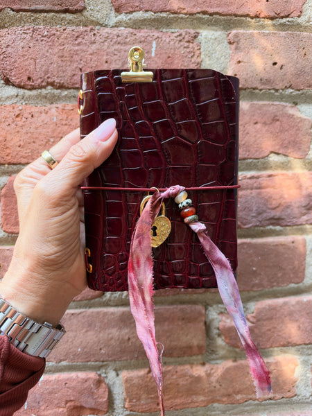 Chelsea Notes Passport Leather Journal Color Burgandy Croc Journal with Heart Lock Charm