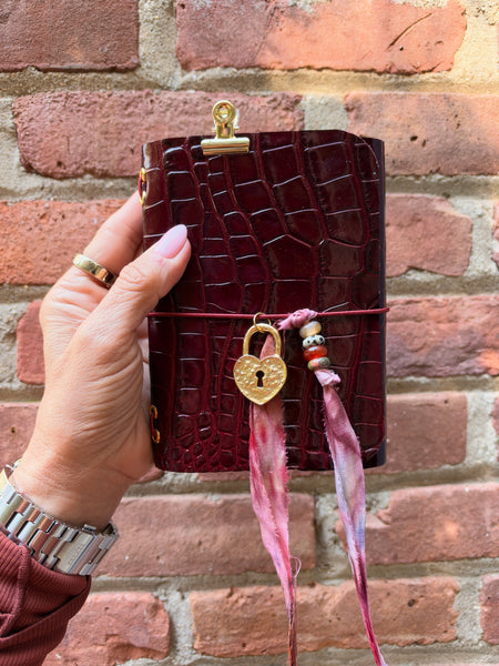Chelsea Notes Passport Leather Journal Color Burgandy Croc Journal with Heart Lock Charm