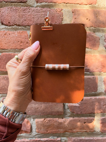 Chelsea Notes Passport Leather Journal Color Whiskey Journal with handmade pottery charm