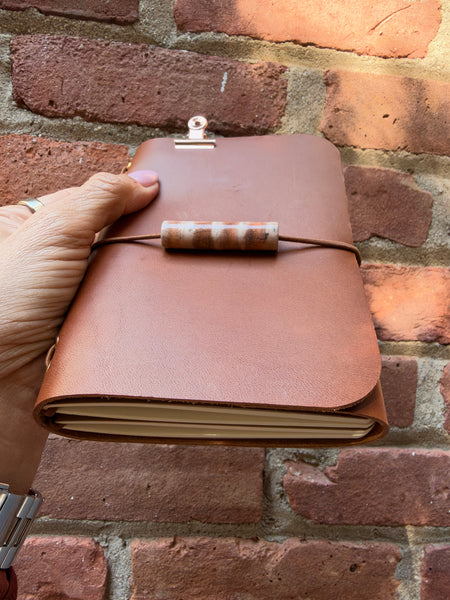 Chelsea Notes Passport Leather Journal Color Whiskey Journal with handmade pottery charm