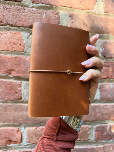 Chelsea Notes Passport Leather Journal Color Whiskey Journal with handmade pottery charm