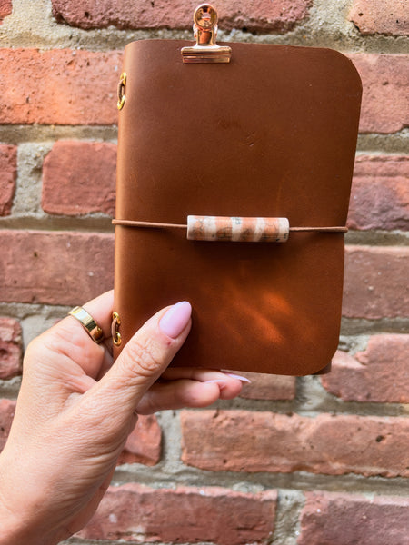 Chelsea Notes Passport Leather Journal Color Whiskey Journal with handmade pottery charm
