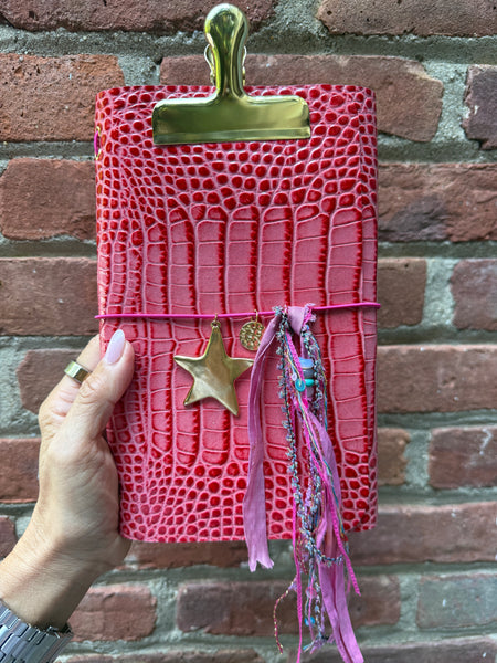 Chelsea Notes A5 Leather Journal Pink Croc with 2 Charms